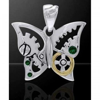 Butterfly Steampunk Pendant with Emeralds